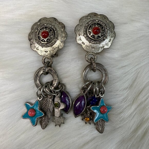 Vintage Silver Tone Southwestern Concho Dangle ClipOn Earrings Country Western - Picture 1 of 10